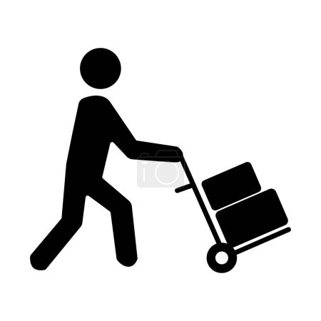 Téléchargez les illustrations : Livraison silhouette homme portant des boîtes avec un chariot, icône vectorielle isolé sur fond blanc. - en licence libre de droit