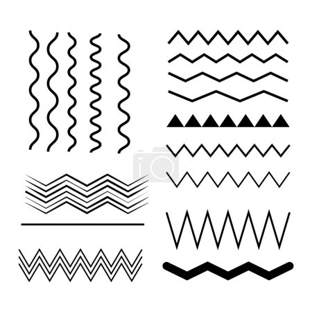 Ilustración de Vector en zigzag líneas y ondas, patrón ondulado. Squiggle zig zag marco con meneo. Curvas onduladas bordes paralelos. Diseño de pinceles gráficos de agua sin costuras. Curva sinuosa con seno - Imagen libre de derechos