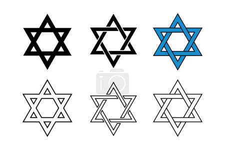 Téléchargez les illustrations : Symbole étoile de David. Symbole religieux juif israélien. Le signe du judaïsme. Illustration vectorielle de contour d'icône dans un style différent. - en licence libre de droit