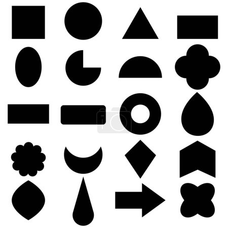 Illustration for Geometric basic Shapes Set of 20 worksheet. black silhouette large collection basic figures isolated on white - Royalty Free Image