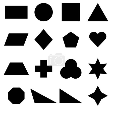Illustration for Geometric basic shape Set of 16 Shapes worksheet. black silhouette large collection basic figures isolated on white - Royalty Free Image