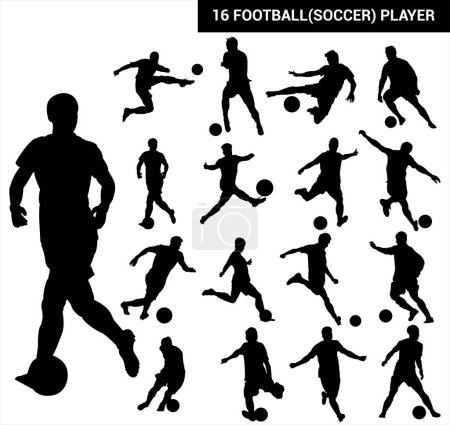 Téléchargez les illustrations : Joueur de football ensemble de 16 icônes, Joueurs de football Silhouette Joueur vectoriel coup de pied, abstrait silhouette vectorielle isolée, logo footballeur - en licence libre de droit