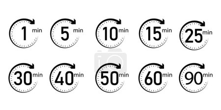 Illustration for Set of Timer, clock, stopwatch isolated set icons. Kitchen timer icon with different minutes. 1, 5, 10, 15, 20, 25, 30, 40, 50, 60, 90, min. Cooking time symbols. Great design for any purposes. - Royalty Free Image