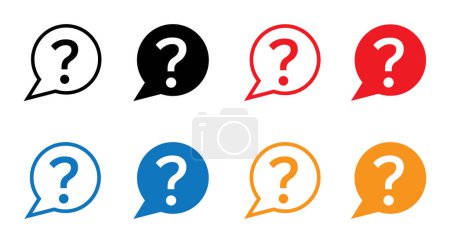 Téléchargez les illustrations : Jeu d'icônes point d'interrogation, Icône question bulle en quatre couleurs, Symbole questions FAQ sur fond blanc. - en licence libre de droit