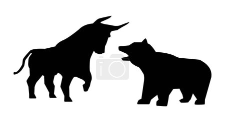Ilustración de Silueta de vector toro versus oso, concepto de bolsa de valores o negocio de tecnología financiera, el concepto creciente y decreciente - Imagen libre de derechos