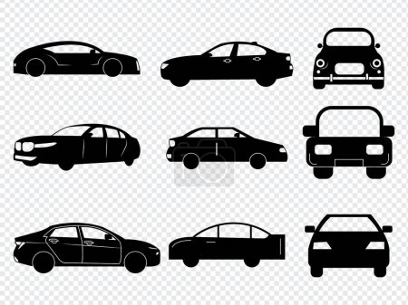 Téléchargez les illustrations : Silhouettes d'icônes de voiture, Voiture de sport Icônes de véhicule ensemble vue de côté, avant, illustration vectorielle, - en licence libre de droit
