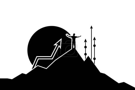 Illustration for Silhouetted Ascent to Success Figure on Graph, Mountain Topped Sunset Ambience Corporate Aspirations vector illustration. - Royalty Free Image