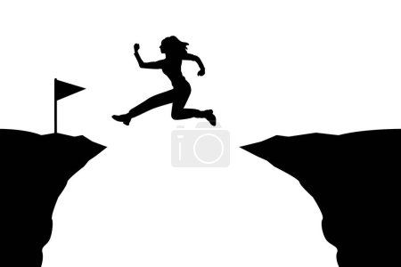 Ilustración de Silueta de mujer de negocios rebote en trampolín salto volando alto para agarrar la montaña estrella, Apoyo al éxito, - Imagen libre de derechos