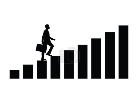Illustration for Financial growth concept with black silhouette businessman climbing abstract upward business chart bars vector illustration, - Royalty Free Image