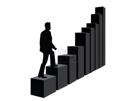 Illustration for Black silhouette businessman climbing to stairs upward business chart bars, against bar chart depicting growth - Royalty Free Image