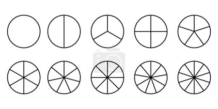 Illustration for Segments on Divided circle set of  10 piece, Circles with sections set, black line pie charts with divisions, diagram collection,  Hollow circle divided in ten parts - Royalty Free Image