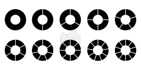 Segmente auf geteiltem Kreis Satz von 10 Stück. Set von Tortendiagramm-Vektorsymbolen. Schwarzes rundes Diagramm. Geteilter Kreis. schwarze Farbe. Hohlkreis in zehn Teile unterteilt
