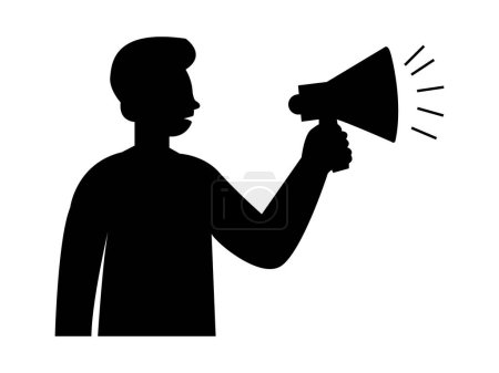 Foto de Hombre de negocios gritando con un megáfono. anuncio publicitario grito concepto de información, negro silueta vector, - Imagen libre de derechos
