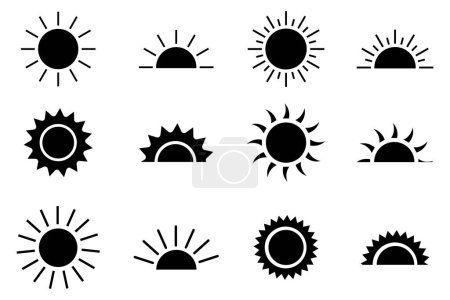 Foto de Set de iconos de sol, vector de símbolos de sol, colección de iconos de estrellas soles negros. Verano, luz del sol, naturaleza, puesta del sol del cielo - Imagen libre de derechos
