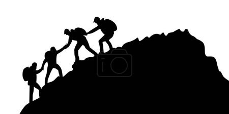 Foto de Silueta de tres personas escalando montaña y ayudándose unos a otros en la cima de la montaña, ayudando mano y concepto de asistencia vector - Imagen libre de derechos