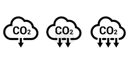 Foto de Reducir el conjunto de iconos de gas de CO2. señal de nube de reducción de carbono. pictograma de CO2 cortado. cero emisiones de carbono. cero gases de efecto invernadero bajo logotipo de CO2. Emisiones de dióxido de carbono. Ilustración simple vector lineal. - Imagen libre de derechos
