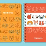 Dog faces trendy notebook cover set. Cute puppy kawaii line design for planner, brochure, book, catalog. Smiling doggy funny childish baby doodle notepad. Decorative layout page print template poster