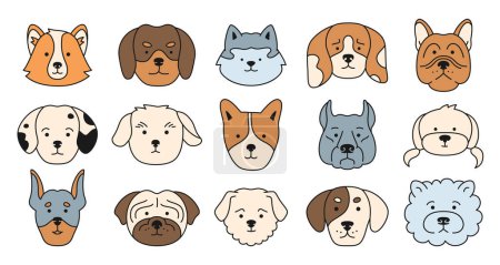 Illustration for Dog faces emotion cartoon outline character set. Cute puppy kawaii head muzzle doodle icon. Smiling funny childish doggy pet baby comic flat sticker. Illustration template for kid card, poster, cover - Royalty Free Image