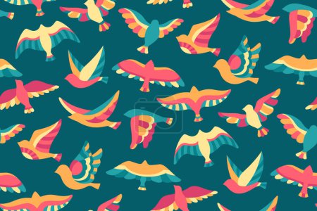 Illustration for Flock of birds flying in sky seamless pattern. Flying bird dove abstract graphic ornament colorful cartoon texture. Flat colored modern trendy fowl sparrow, dove pigeon boundless wallpaper decoration - Royalty Free Image