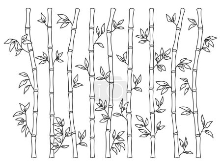 Téléchargez les illustrations : Bamboo stem and leaf outline border set. Exotic decoration elements fresh natural plant linear sketch style. Hand drawing painted Asian traditional tree leaves, sticks bamboo botanical collection - en licence libre de droit