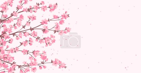 Téléchargez les illustrations : Branche de fleurs de cerisier avec bannière, modèle ou carte rose. Élégante brindille japonaise fleurie avec des pétales de fleurs. Asiatique chinois printemps floraison arrière-plan. Illustration vectorielle orientale - en licence libre de droit