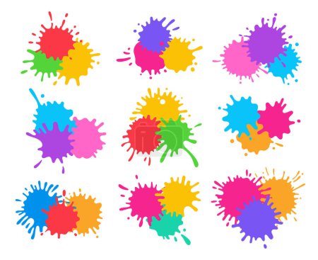 Illustration for Splash and splatter paint shape colorful cartoon set. Stain splat flat collection, shapes liquids drop icon splatter. Different splashes and drops colored ink collection. Isolated vector illustration - Royalty Free Image