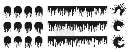 Illustration for Splash and ink splatter cartoon set. Stain and paint splat shapes, liquids drop icon flat splatter. Different splashes and drops muddy black drips down shape collection. Isolated vector illustration - Royalty Free Image