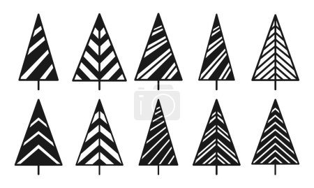Christmas tree abstract graphic set. New Years and xmas traditional symbol trees, pines design for greeting card, invitation, banner poster. Different Christmas geometrical tree hand drawn wood vector