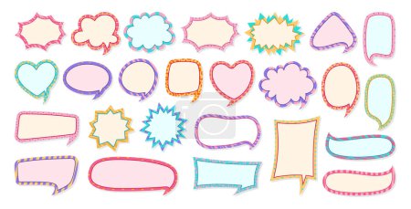 Illustration for Speech bubble comic chatting box sticker set. Scrapbook design elements empty dialog clouds message box. Speech thought blobs comics book, balloon banner for speak text. Vector illustration isolated - Royalty Free Image