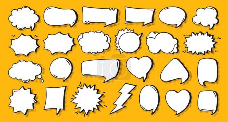 Illustration for Retro speech bubble comic set. Pop art empty chatting box design, dialog clouds message box with halftone dot. Comics frame book, balloon banner. Cartoon vintage 80s-90s Vector illustration Isolated - Royalty Free Image
