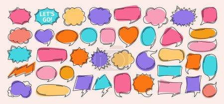 Illustration for Speech bubble comic doodle chatting box set. Contour empty design elements dialog clouds message box. Speech thought blobs comics book, balloon banner for speak text. Line vector illustration isolated - Royalty Free Image