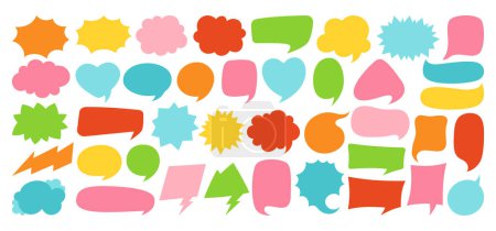 Illustration for Speech bubble comic chatting box set. Colorful empty design elements dialog clouds message box. Speech thought blobs comics book, balloon banner for speak text. Cartoon vector illustration isolated - Royalty Free Image