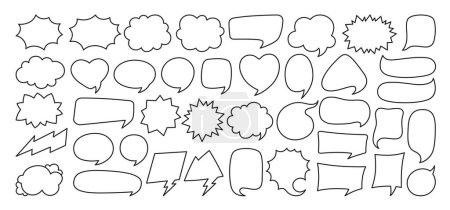 Illustration for Speech bubble comic sign chatting box set. Contour empty design elements dialog clouds message box. Speech thought blobs comics book, balloon banner for speak text. Line vector illustration isolated - Royalty Free Image