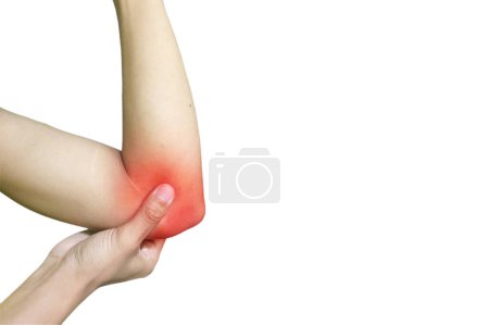 Woman has acute pain in the elbow. The young woman holds on an elbow. Black and white photo and red spot.With copy space for text or anything for Your healty company. health concept. 