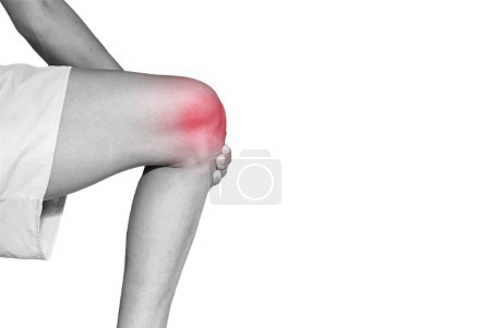 Photo for Acute pain in man knee. Man hand held on to point of knee pain. Concept photo with Color Enhanced gray skin with red spots indicating the location of the pain. Isolate on white background. - Royalty Free Image