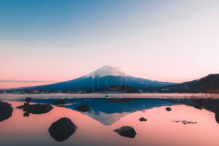 Foto de Monte Fuji o fuji San en el lago Kawaguchiko al atardecer, con reflejo en el lago Kawaguchiko.perfect para el fondo de pantalla o artículo sobre el turismo en el monte Fuji, bandera de viaje de vacaciones a Japón. - Imagen libre de derechos