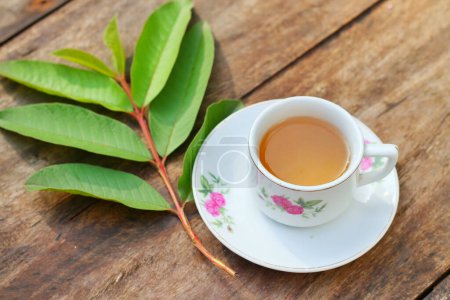 Photo for Daun jambu biji or Guava leaves tea in a white cup on a wooden table, herbal drink for diarrhea and cholesterol - Royalty Free Image