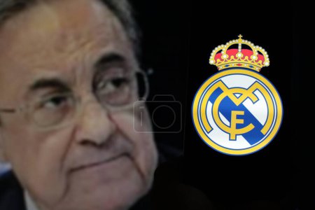 Photo for Indonesia - March 30th 2024: In this Photo The logo of the Spanish football team Real Madrid displayed on smartphone screen with the club president Florentino Prez in the background. - Royalty Free Image