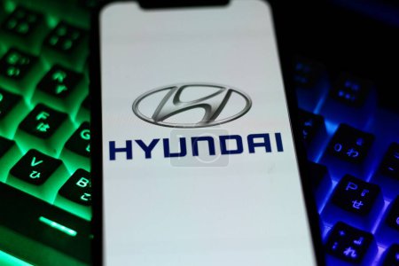 Photo for Indonesia-March 30th 2024: Hyundai logo is a multinational car company from South Korea. - Royalty Free Image