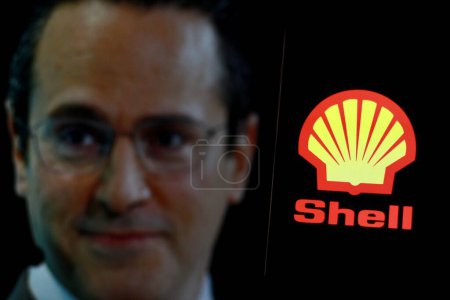 Photo for Indonesia - March 30th 2024: Shell logo is a British multinational oil and gas company, displayed with CEO Wael Sawan in background. - Royalty Free Image