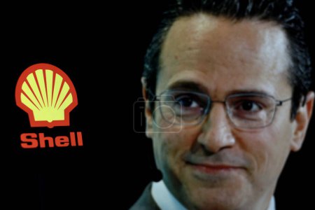 Photo for Indonesia - March 30th 2024: Shell logo is a British multinational oil and gas company, displayed with CEO Wael Sawan in background. - Royalty Free Image