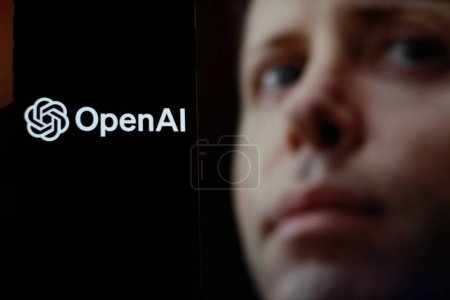 Photo for Indonesia-April 6th 2024: OpenAI logo is displayed on smartphone screen With CEO Sam Altman in The background. - Royalty Free Image