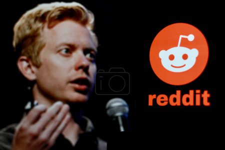 Photo for Indonesia - April 7th 2024: Reddit logo is displayed on smartphone screen With CEO Steve Huffman in the background. - Royalty Free Image