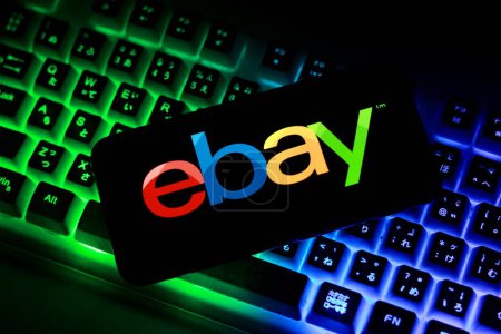 Photo for Indonesia - April 16th 2024: Logo of Ebay is displayed on a smartphone screen stock image. - Royalty Free Image