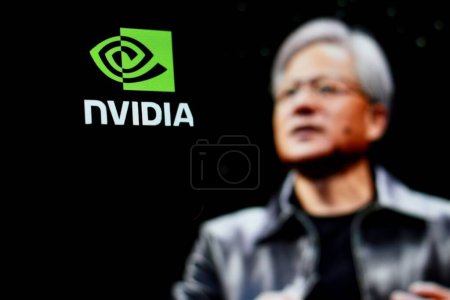 Photo for Indonesia-April 23,2024: The logo of nVIDIA, With chairman Jensen Huang in the background. - Royalty Free Image