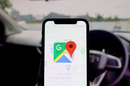 Photo for Indonesia, April 9th 2024 : in this Photo The logo of Goggle Maps,is displayed on smartphone screen - Royalty Free Image