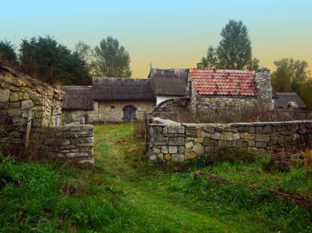 antique small stone country house, manor house, farmhouse, stonework, hobbit house, fantasy, fairy