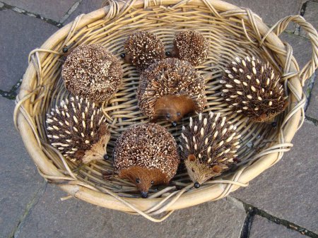 homemade crafts with cones, wooden hedgehogs in a basket, toy hedgehog, prickly, needles