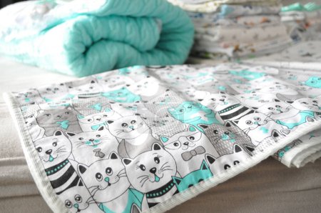 pillowcases, diapers, sheets, blankets, duvet cover, napkins, tablecloth, bed linen, blue, white, cat pattern, turquoise, emerald