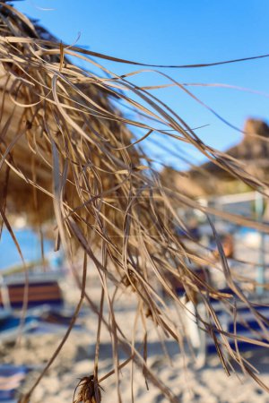 Albanien. Durres. Nahaufnahme der Strohsonnenschirme am Strand. Ein schöner sonniger Tag und blauer Himmel an der Adria. Selektiver Fokus.